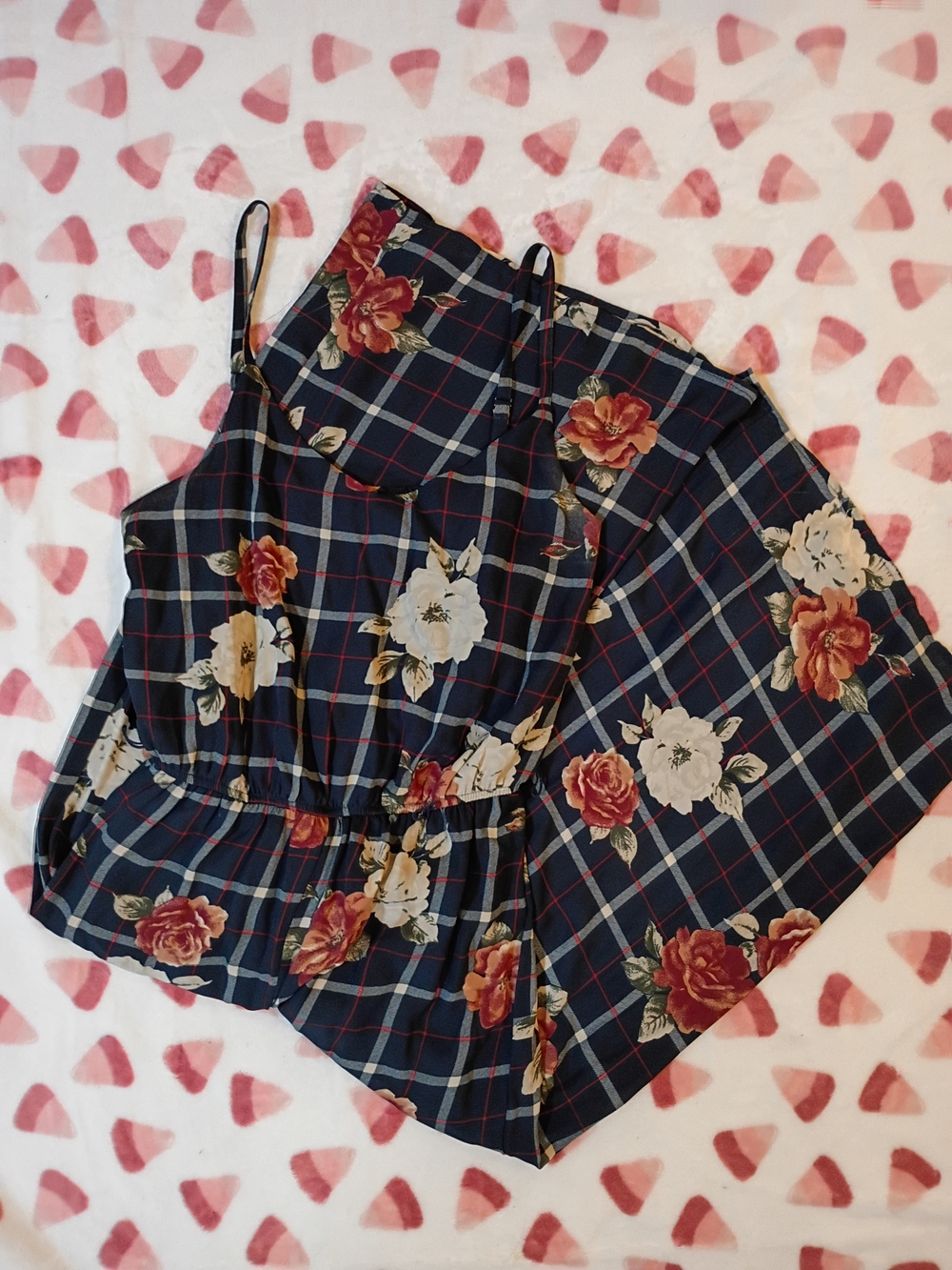 As U Wish Navy Floral Plaid Romper